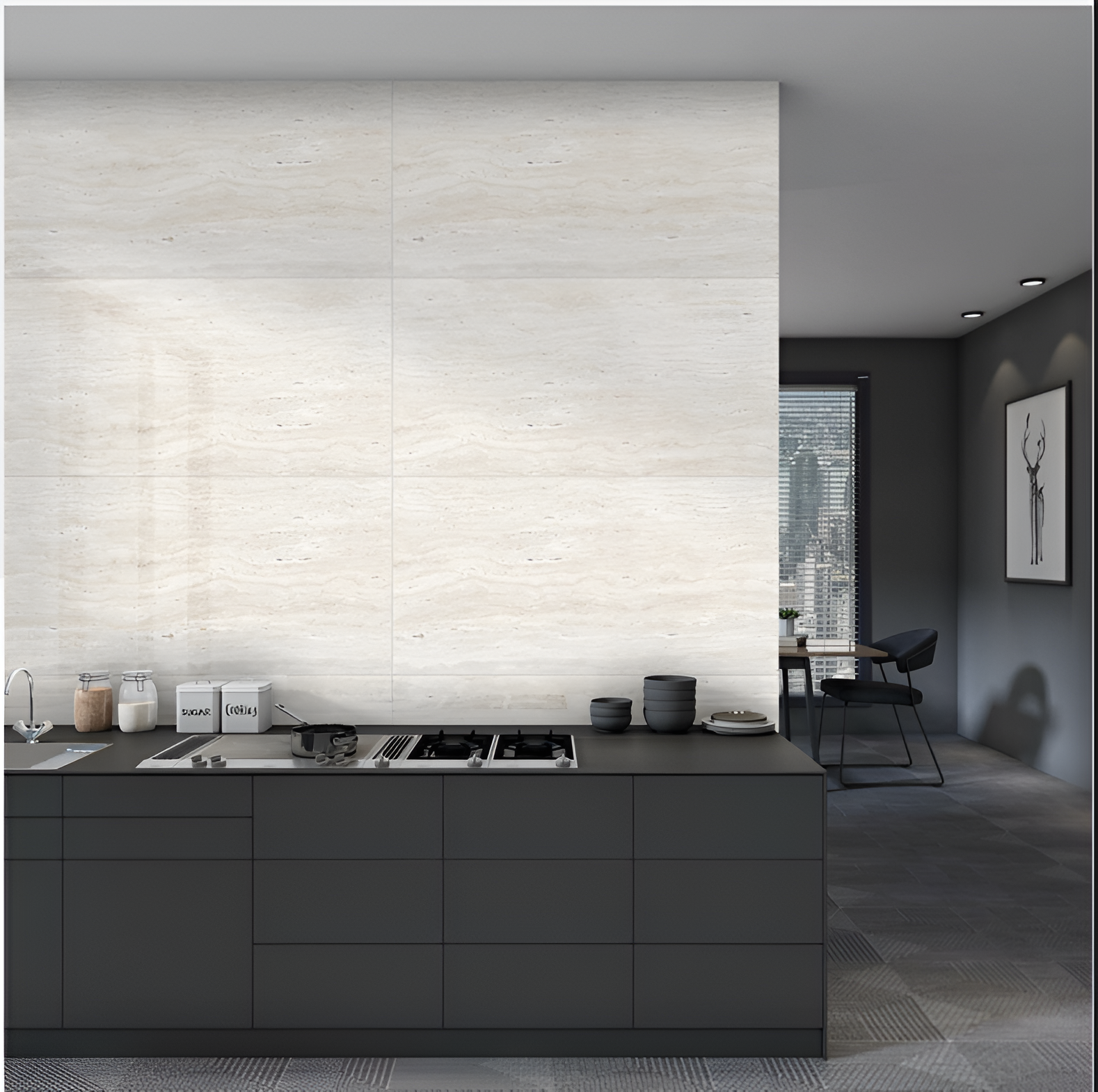 Living room interior with glossy marble floor