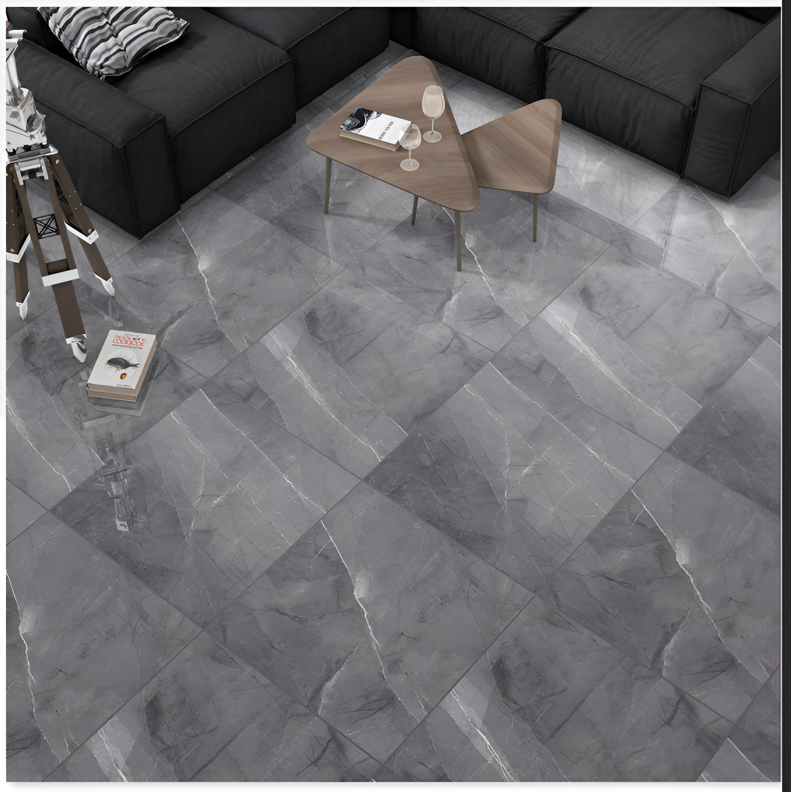 Home office with soft beige textured floor tiles